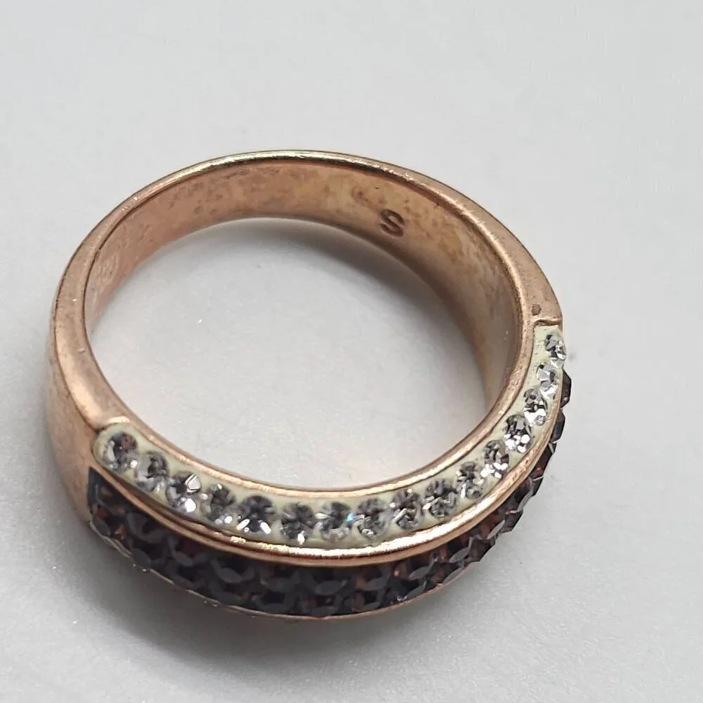 Gold Plated Ring Brown Clear Crystal Accents Size 7 Elegant Sparkling Design